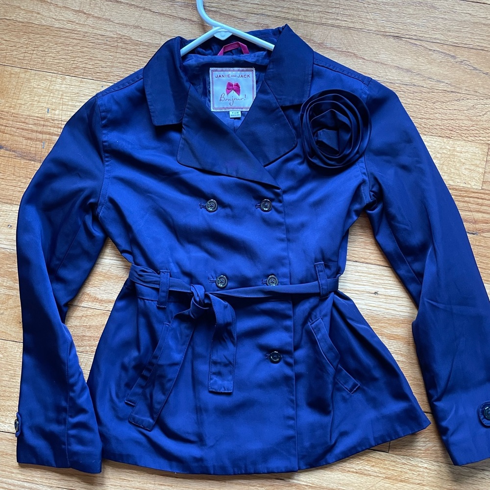 Janie and Jack Blue Trench Coat with Tie Belt and Lapel Collar